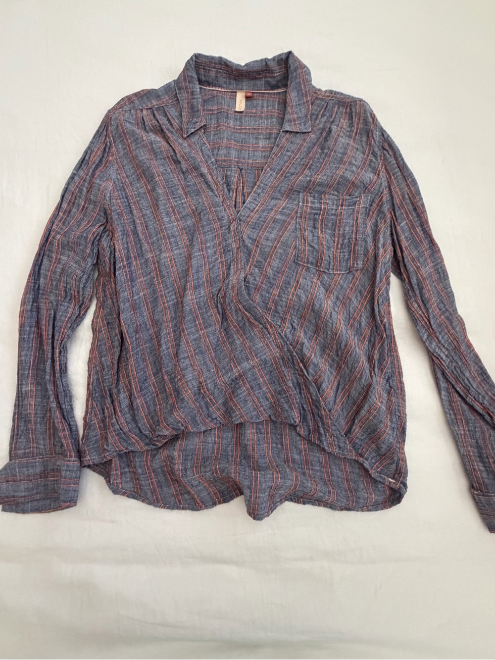 Pilcro Blue and Red Striped Button-Down Wrap Blouse